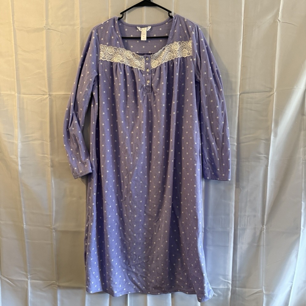 Womens Petite Large Fleece Nightgown Purple White Polka Dots Modest Grandma Pjs
